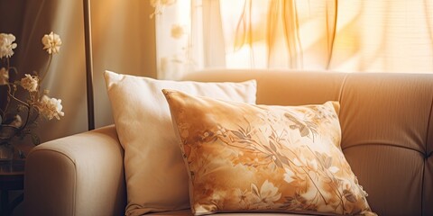 Vintage light filter used as decorative pillow on bedroom sofa.