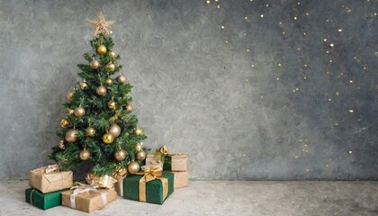 xmas and advent christmas tree with presents copy space over grey concrete wall for advertisement grey green and gold minimalistic modern xmas setting
