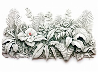 Drawing of Flowers and Leaves on a White Background