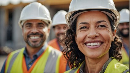 Group portrait of diverse construction workers smiling in safety helmets and reflective vests, with a female worker in the foreground.
