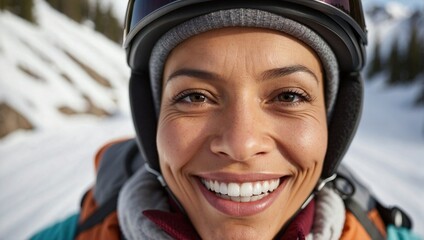 Close-up portrait of a joyful mixed-race woman wearing a ski helmet and goggles, with a snowy mountain background.