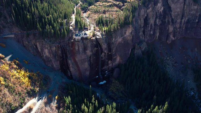 Fast moving drone shot revealing the water fall at Bridal Veil Falls, Telluride
