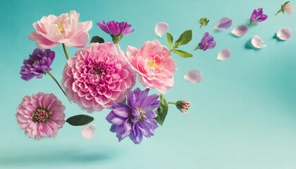 flowers levitating on a pastel blue background colorful pink and purple trendy summer flowers flying surreal aesthetic nature spring concept