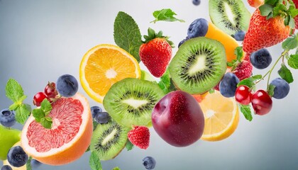 frame of various flying or falling summer fruits berries and vegetables on transparent background healthy food detox and dieting concept