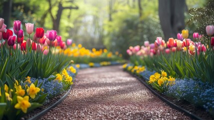 A picturesque garden path adorned with colorful tulips and daffodils, ideal for an Easter stroll - obrazy, fototapety, plakaty