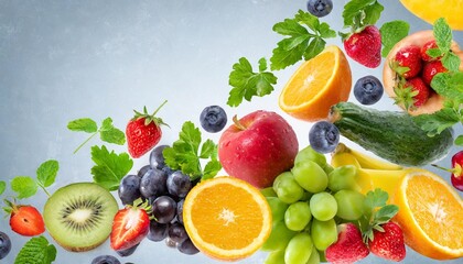 frame of various flying or falling summer fruits berries and vegetables on transparent background healthy food detox and dieting concept