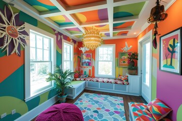 Eclectic Wonderland: Empty Room with Artistic and Colorful Walls, Unique Flooring, and an Expressive Ceiling Design