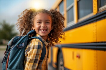 Smiling elementary student girl smiling and ready to board school bus, Generative AI