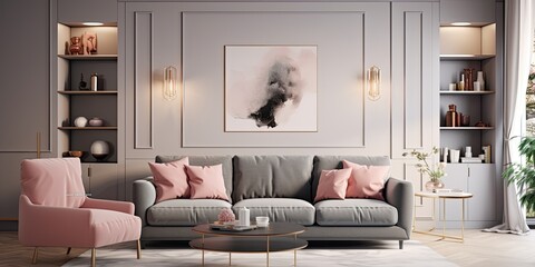 Actual image of a chic living room with grey couch, pink cushions, cabinets, and lights.