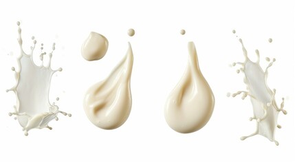 Set of white drops and splashes of mayonnaise or cream sauce isolated on white background. With clipping path. Full depth of field. Focus stacking. Generative AI