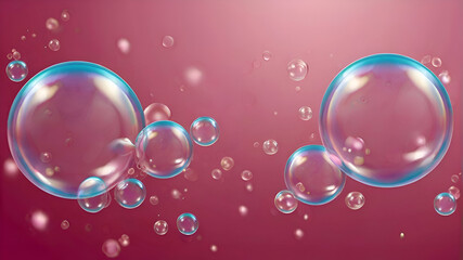 Abstract beautiful transparent soap bubbles floating on pink background, romantic Valentine's backgrounds