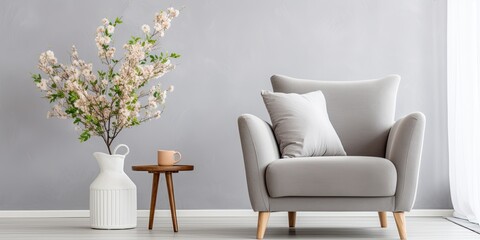 Armchair and grey sofa with flowers in natural living room. Real photo.