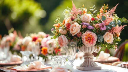 Obraz na płótnie Canvas A picturesque garden party with floral arrangements and elegant attire