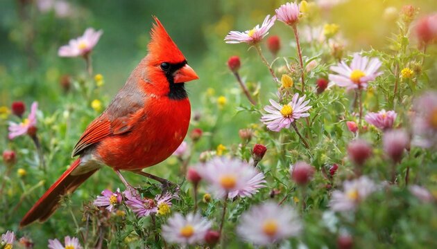 cardinal bird in a flower field
