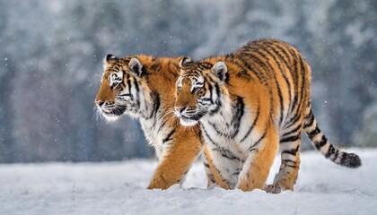 Fototapeta premium two siberian tiger walking together in the snow