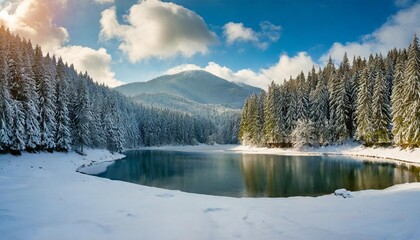 forested mountainous winter landscape cold scenery of synevyr lake in carpathian fir woods on a sunny morning clouds on the bright blue sky