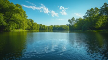 A serene rowing lake surrounded by lush greenery, a haven for rowers. - obrazy, fototapety, plakaty