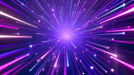 Glowing Neon with vanishing point hyperspace tunnel, showcasing vibrant lights and laser beams. purple neon abstract background. copy space. mockup.