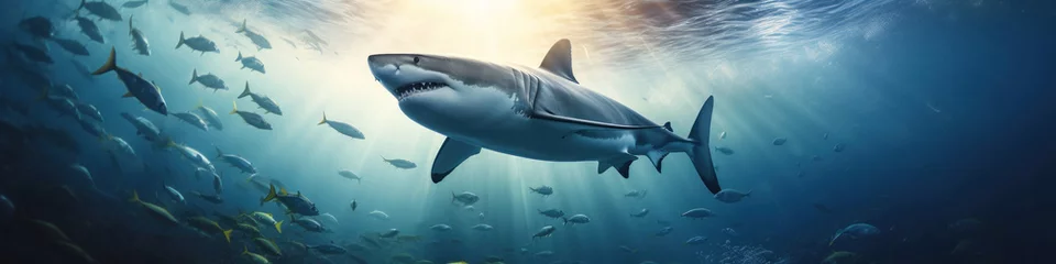 Foto op Plexiglas Wide bottom view of a large shark in the ocean. © OleksandrZastrozhnov