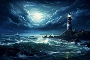 Rolgordijnen A Painting of a Lighthouse in the Middle of the Ocean © Yana