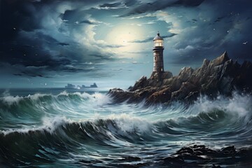 Lighthouse in the Middle of the Ocean - obrazy, fototapety, plakaty