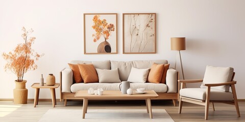 Living room interior design with wooden furniture, artwork, sofa, vase of dried flowers, candle, and personal items. Home decoration sample design.