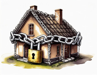 An illustration of a shackled home to represent social conditions such as a property crisis or inflation and home repossession: the inability to either acquire a home or keep hold of one. - obrazy, fototapety, plakaty