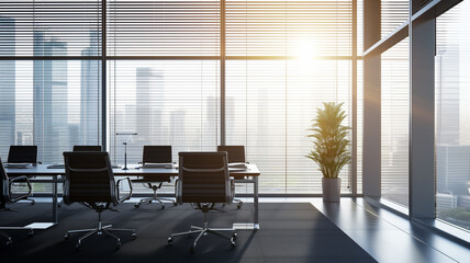 A contemporary office featuring stylish furniture, situated close to the windows overlooking a cityscape. Morning sunlight filters through the blinds, creating gentle shadows.