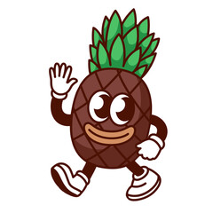 Groovy cartoon pineapple character waving. Funny retro tropical fruit with green leaf walking, weird pineapple mascot, cartoon smiling ananas emoji and sticker of 70s 80s style vector illustration