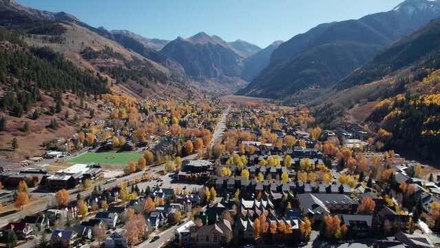 Drone aerial shot panning up over Telluride, CO and Black Bear Pass