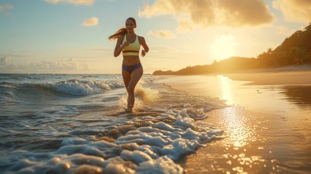 Woman Running on Beach at Sunset