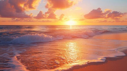 A romantic beach sunset, where waves meet the shore, reflecting the harmony of love