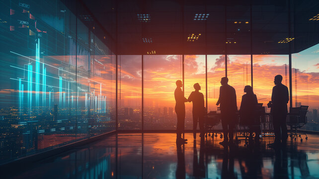A team meeting at sunrise, silhouetted against a large window overlooking a city awakening, discussing strategies beside a holographic display of goals and progress charts. - Powered by Adobe