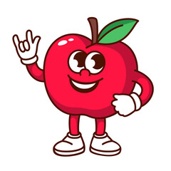 Groovy cartoon red apple character with green leaf and smile. Funny retro fruit showing horn gesture, apple mascot on rock music party, cartoon food sticker of 70s 80s style vector illustration
