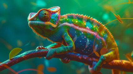 Chameleon wearing sunglasses against a solid background.