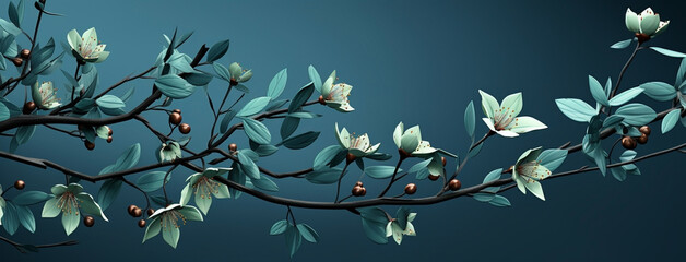 Beautiful wide panoramic plant branch with small flowers and leaves, wallpaper banner in blue color background  