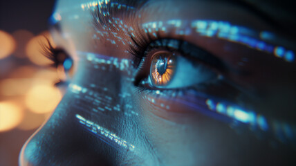 Focus on the eyes of a business leader, illuminated by the light of an advanced screen, mirroring the foresight and imaginative approach that defines their guidance.
