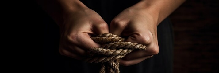 female hands tied with rope. Concept illustration for themes about personal freedom, psychological limitations or an emphasis on textures and details
 - obrazy, fototapety, plakaty