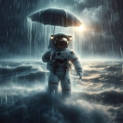 An astronaut in the ocean during storm and rain - obrazy, fototapety, plakaty