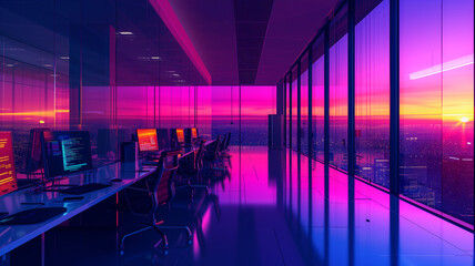 Modern office at twilight, with neon lighting highlighting advanced computer systems, next to almost full-length windows that display the urban lights.