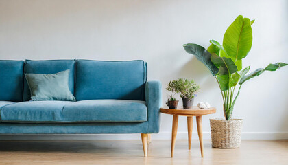 Empty living room with blue sofa, plants and table on empty white wall background,