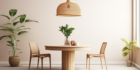 Minimalist dining room with round family table, rattan chairs, design pendant lamp, commode, plants, decoration, and personal accessories.