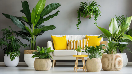 Living room interior design filled with a lot of potted plants