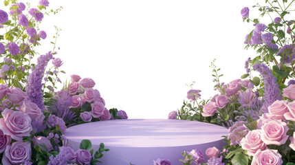 Romantic  flower Podium for product presentation. Arrangement for a Spa Still Life, Wedding, or Celebration Table Decoration with Elements of Beauty, blank space for advertising