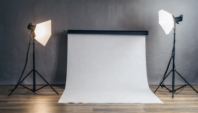 Empty photo studio. =template mock up. Backdrop stand (tripods) with white paper backdrop. Gray background.