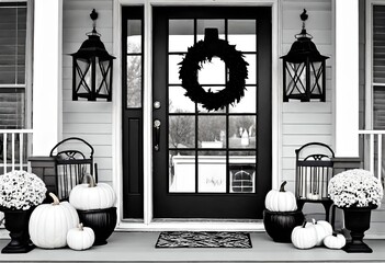 Stylish fall decorations in black and white on the front porch - hello fallC