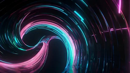 Fototapeten abstract futuristic background portal tunnel with pink blue and green glowing neon moving high speed wave lines and flare lights. Data transfer concept Science style wallpaper © Badi