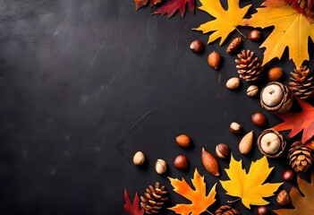 Colorful fall leaves, nuts and pine cones. Bottom border over a rustic dark banner background. Top view with copy space