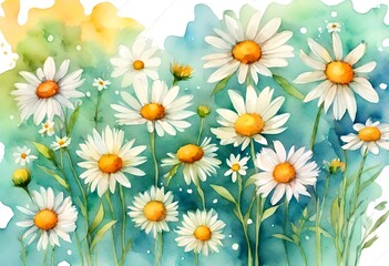 Watercolor background with flowers of chamomile
