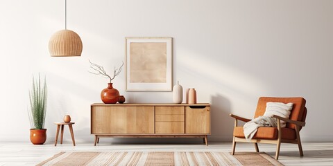Scandinavian living room with wooden commode, poster frames, book, ceramic vessel, decor, carpet, and retro accessories. Template.